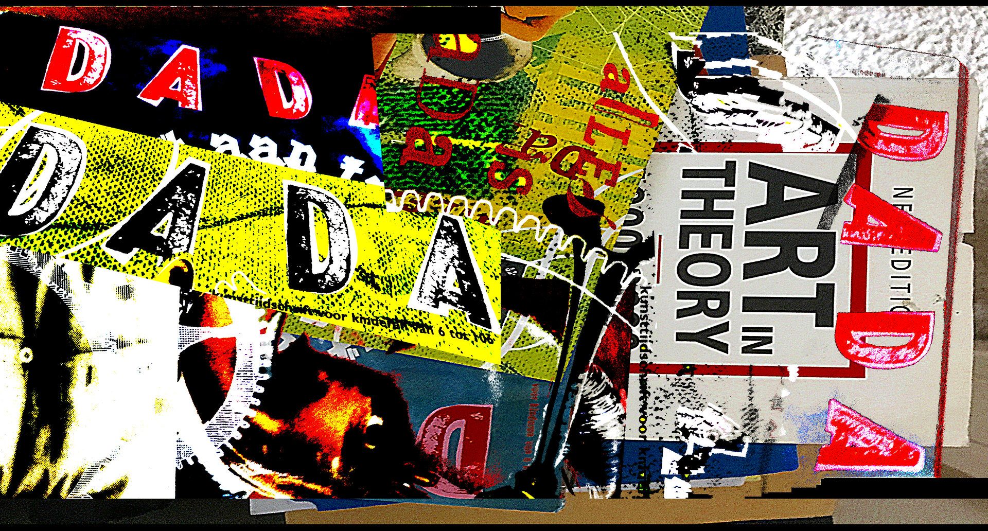 Collage of magazine clippings that say "DADA" in big, bold, colorful letters, multiple times.