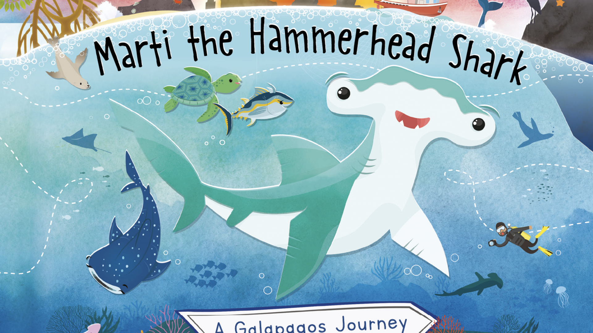 Children's story illustration of a happy hammerhead shark in the ocean.