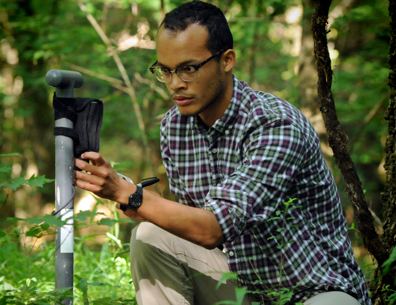 A researcher looks at a meter on a metal pole, outside in the woods.