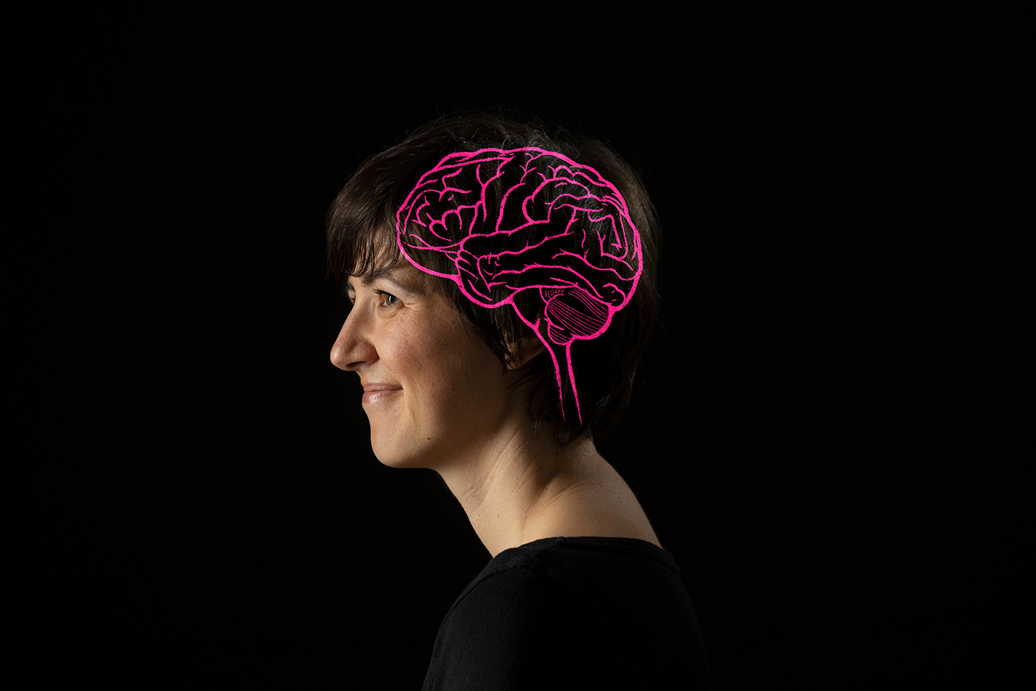 A profile portrait of Keely Muscatell, with an illustration of a brain overlaid onto it.