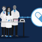 Illustrative graphic with three scientists standing in front of a lab bench with a line connected to an icon of a pill.