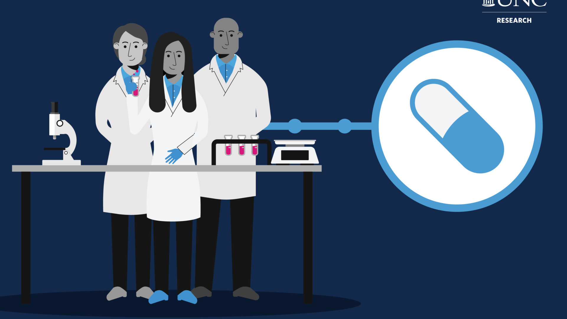 Illustrative graphic with three scientists standing in front of a lab bench with a line connected to an icon of a pill.