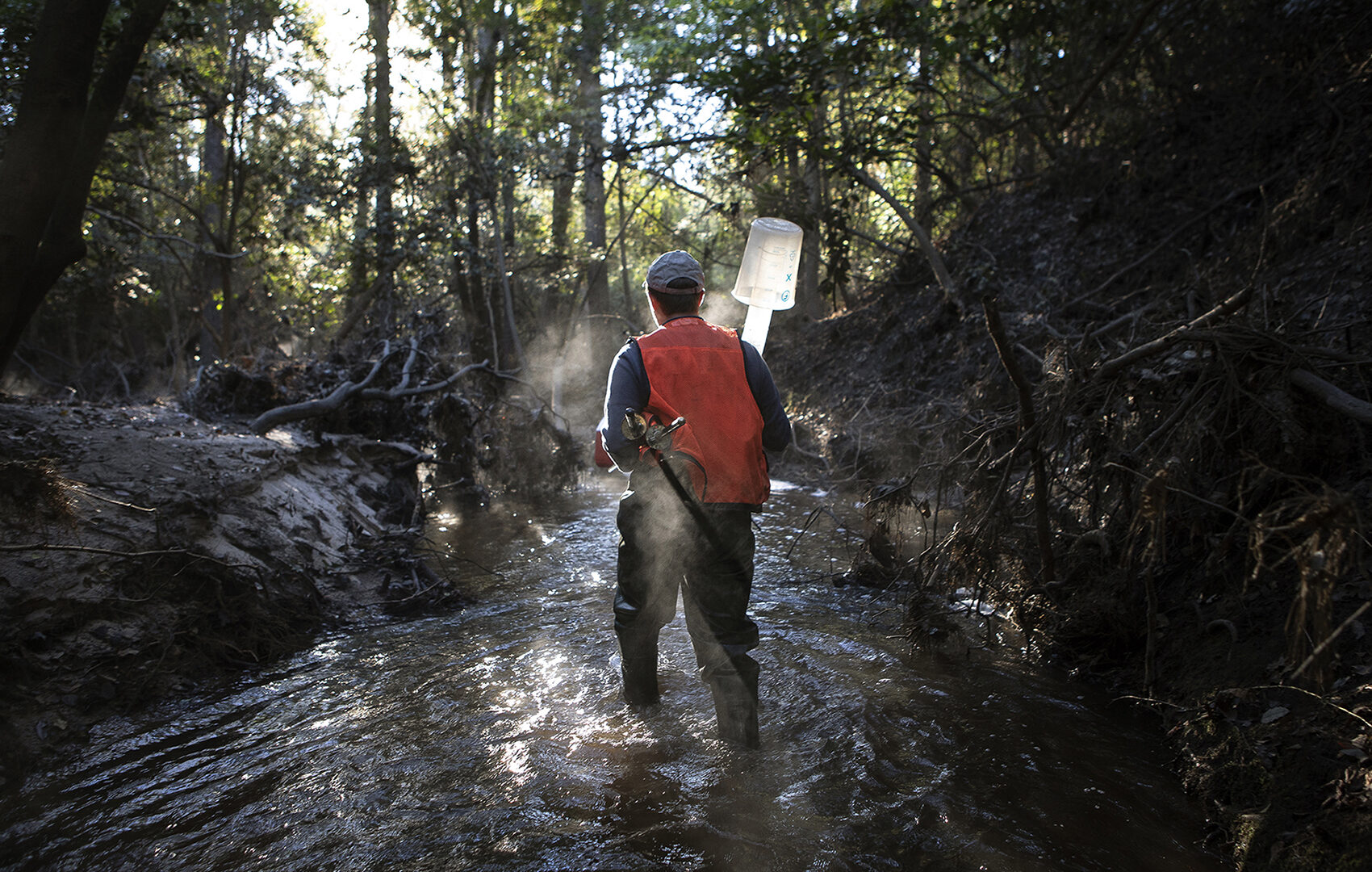 Photo of a researcher in a bright orange vest, wadding through a stream in North Carolina.