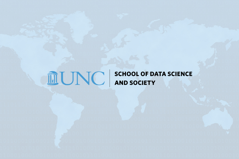 The School of Data Science and Society logo on a light background of the world map.
