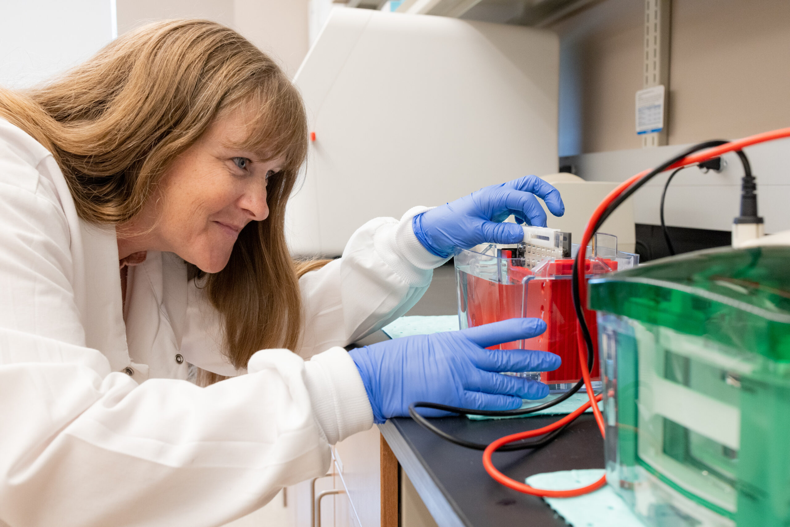 Photo of a researcher overlooking lab equipment.