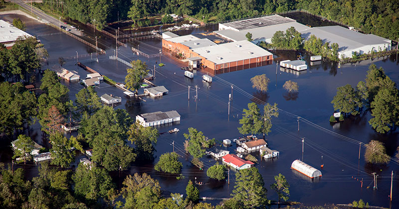 Photo from a helicopter showing flooding in a residential area of North Carolina.