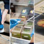 Three photos showing data collection. First one is someone holding a sensor, second is someone putting liquid on a glass slide, and the third one is an oil painting with points on it.