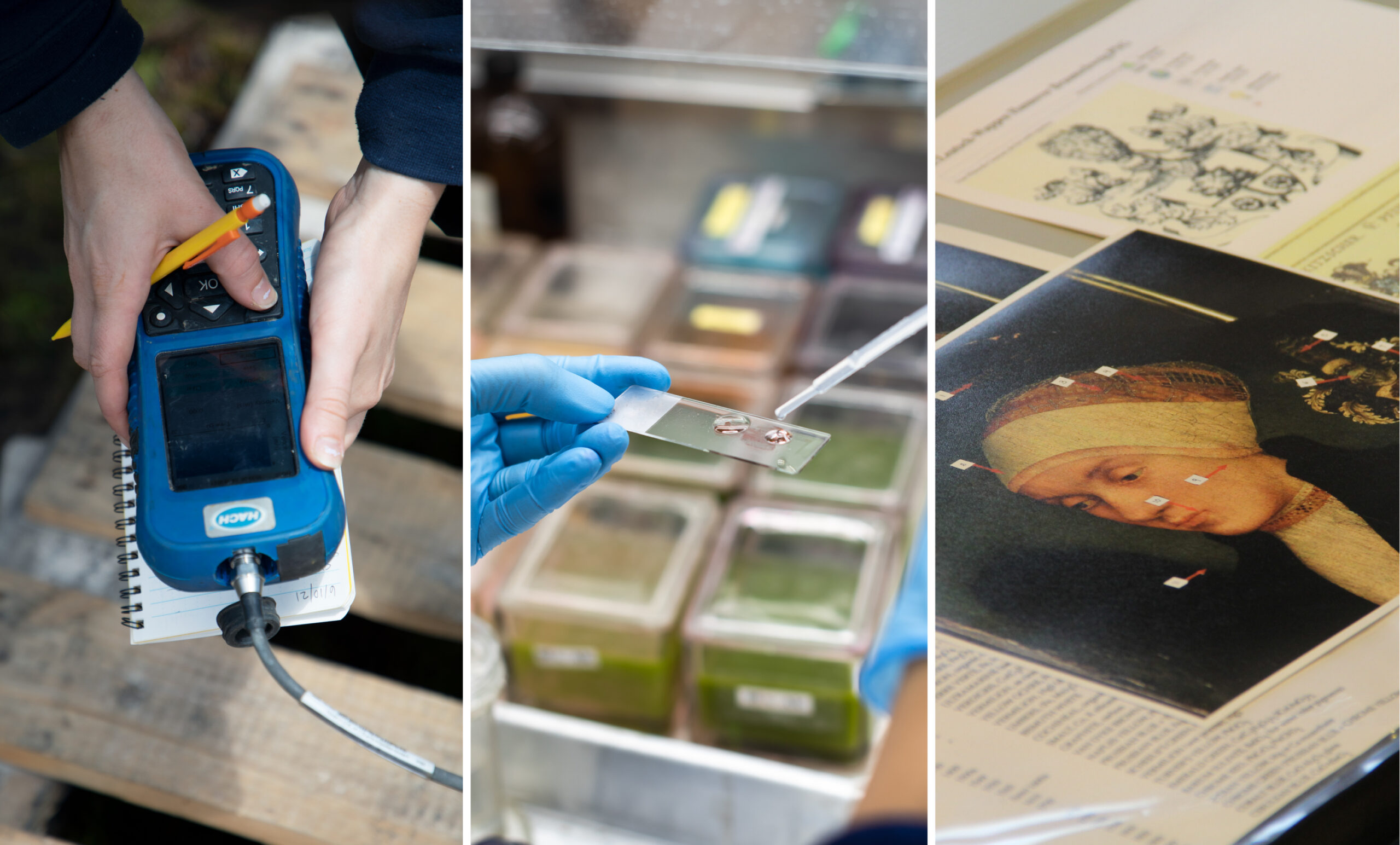 Three photos showing data collection. First one is someone holding a sensor, second is someone putting liquid on a glass slide, and the third one is an oil painting with points on it.