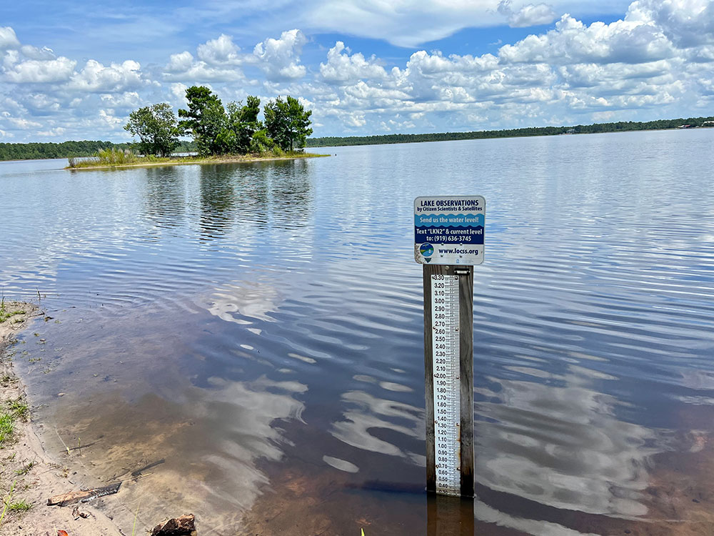 Photo of a water gauge in a lake.