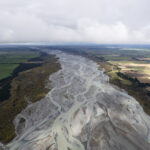 Aerial view of the Waimak River in New Zealand.