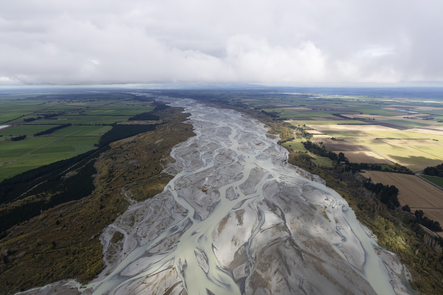 Aerial view of the Waimak River in New Zealand.