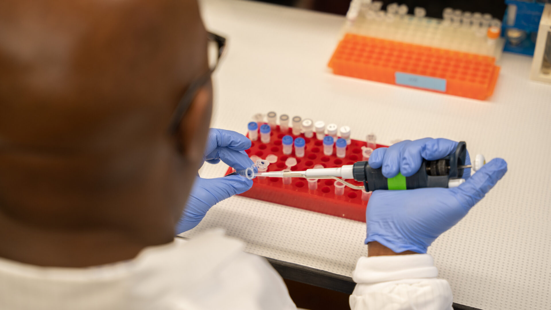 Looking over a researcher's shoulder as they pipet.