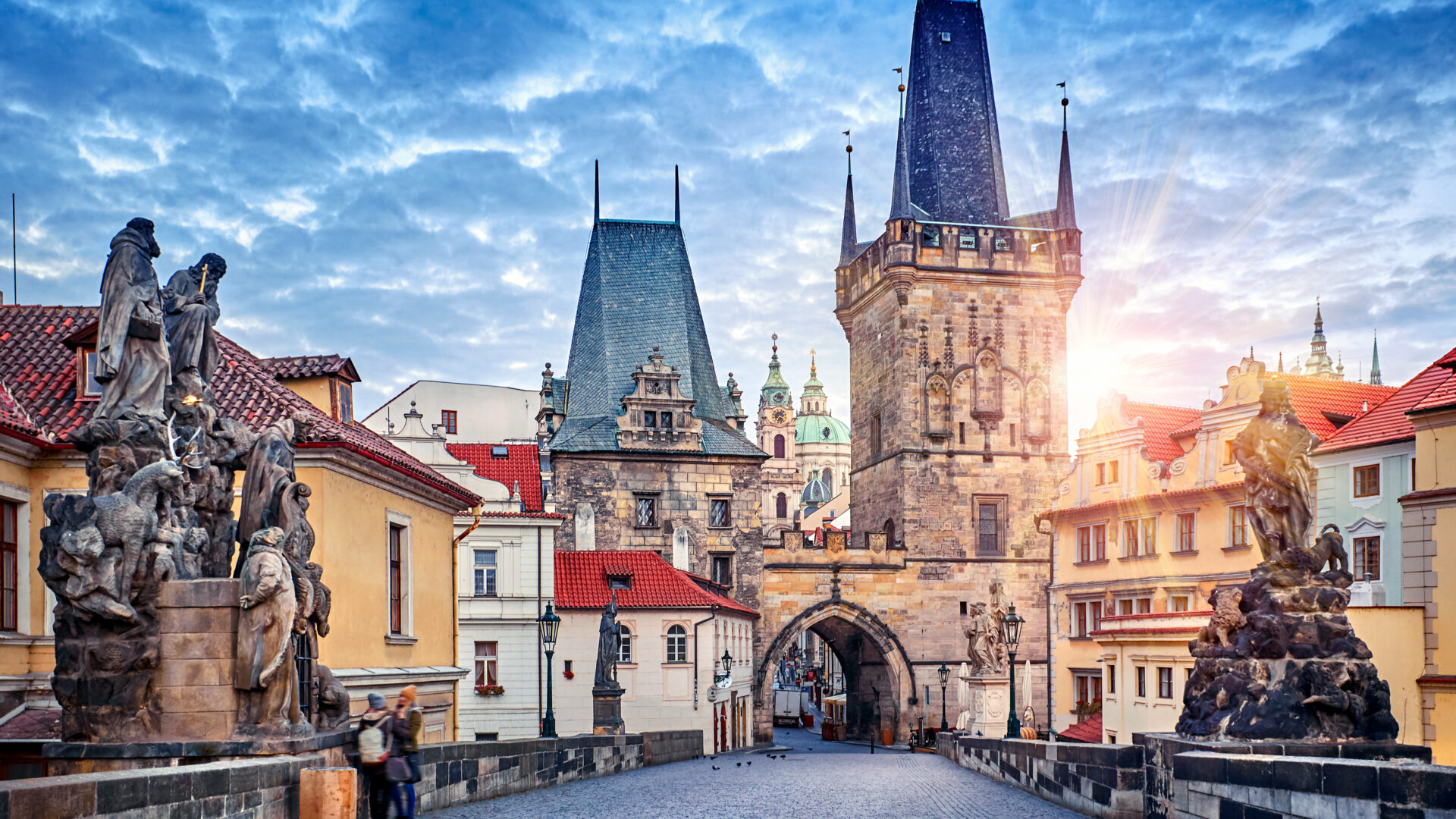 Sunrise on Charles bridge in Prague Czech Republic.