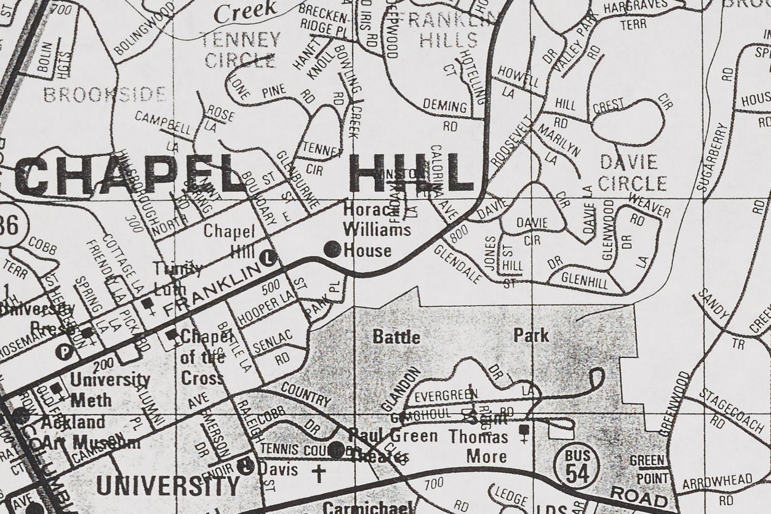an old black and white line map of chapel hill