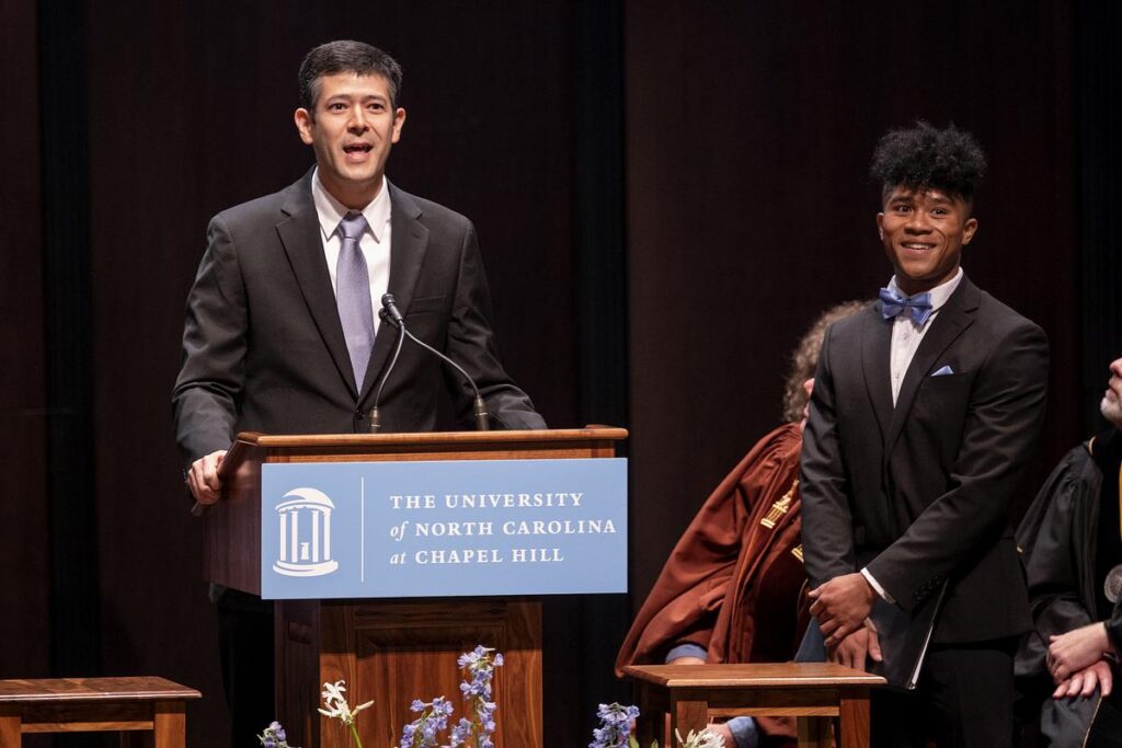Orlando Coronell and Christian Chung share their work on a novel clean water technology for effective removal of toxic per- and poly-fluoroalkyl substances (PFAS) during the 229th University Day celebration at Memorial Hall on the campus of the University of North Carolina at Chapel Hill. Friday October 12, 2022.