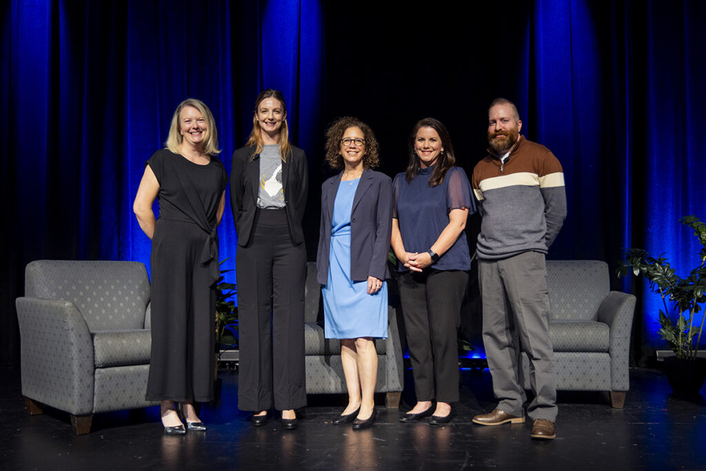 Photo of Kerry Irish, Michelle Jewel, Vice Chancellor for Research, Penny Gordon-Larsen, Aimee Wilmoth, and Matt Turner.